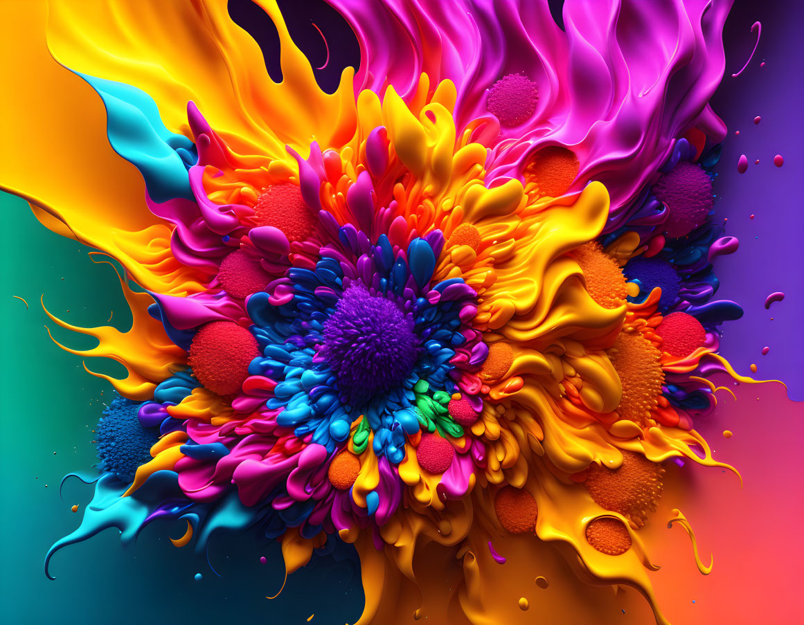 Colorful Abstract Flower 3D Illustration with Liquid Splashes