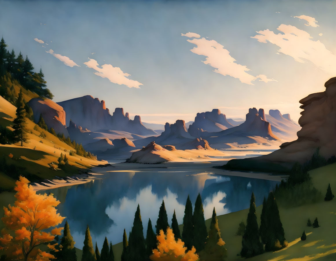 Tranquil lake landscape with mountains, clouds, and autumn trees