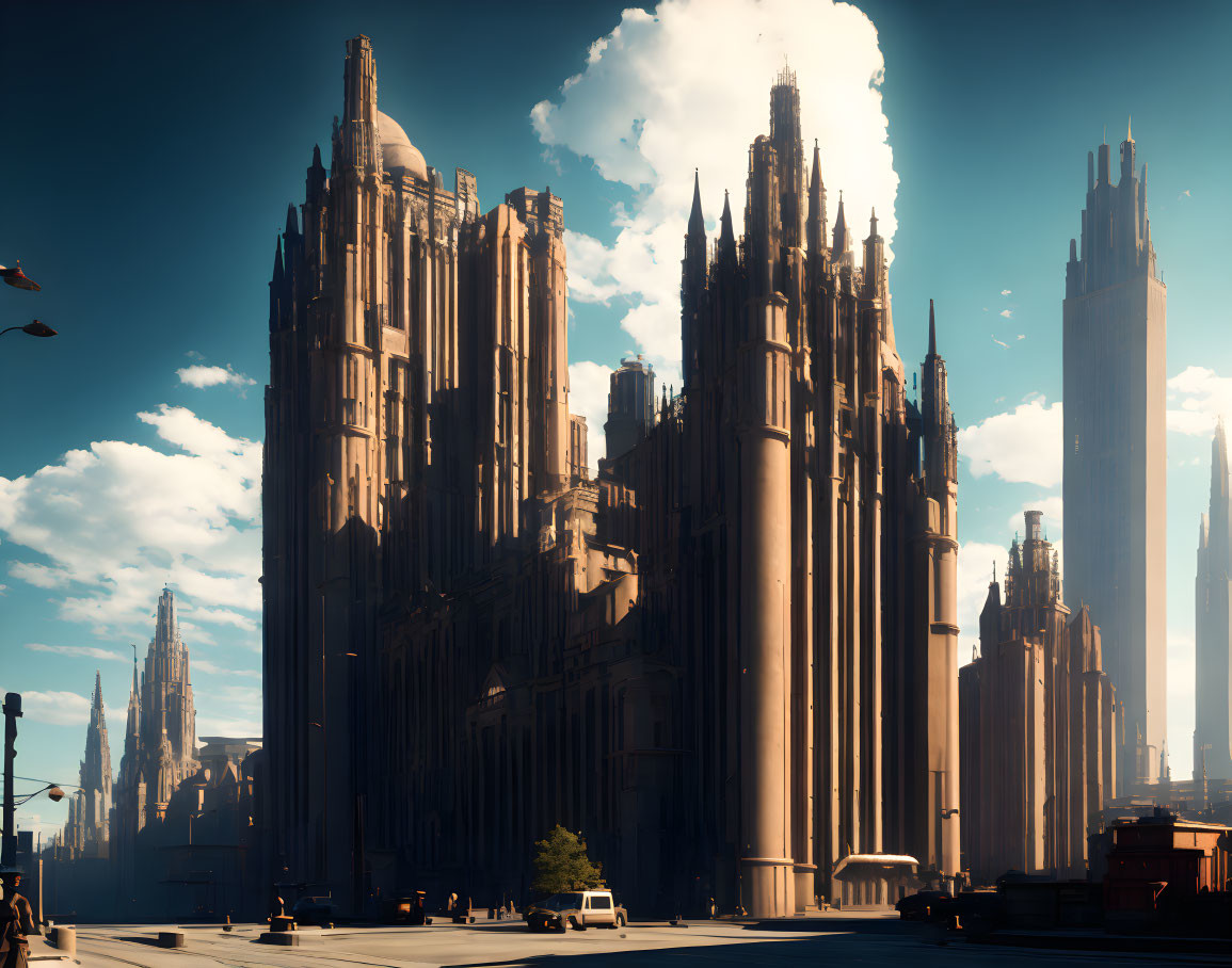 Gothic-style skyscrapers in futuristic cityscape with lone figure