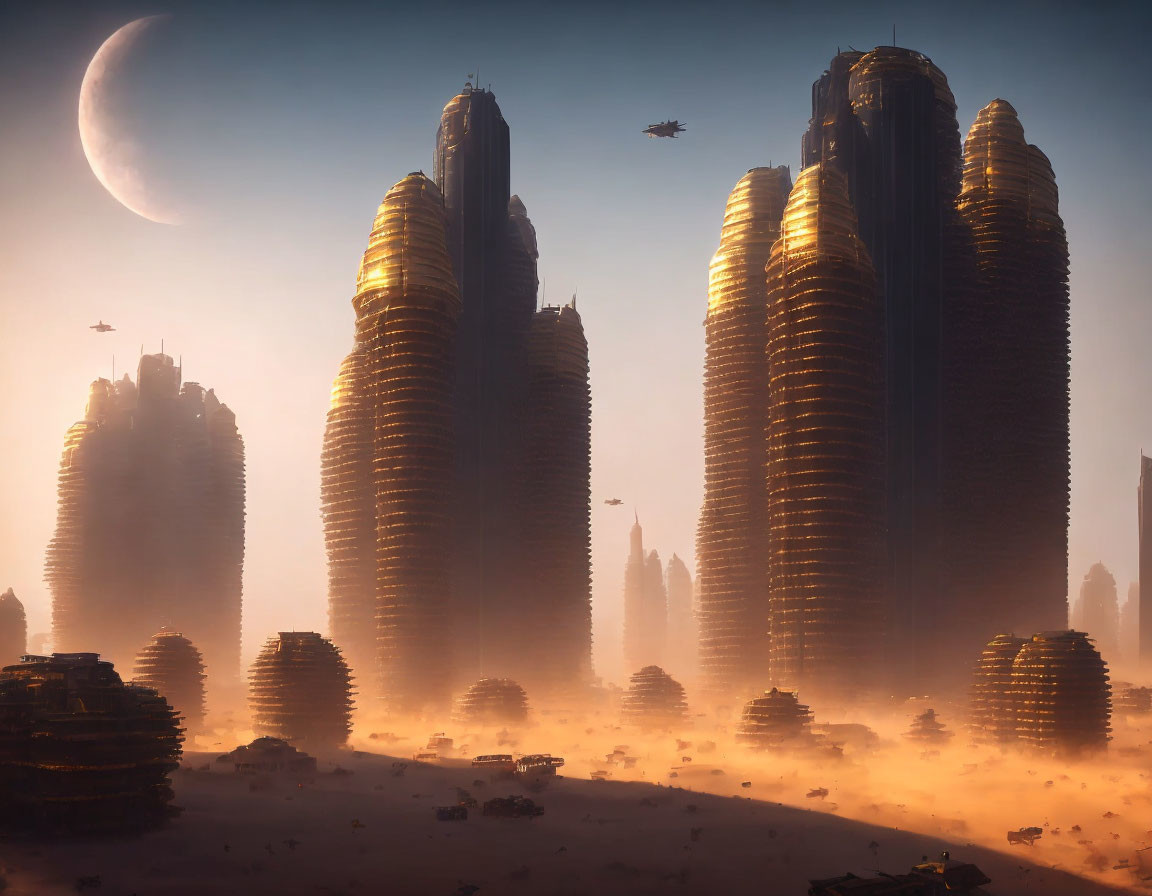 Futuristic desert cityscape with towering buildings and flying vehicles at twilight