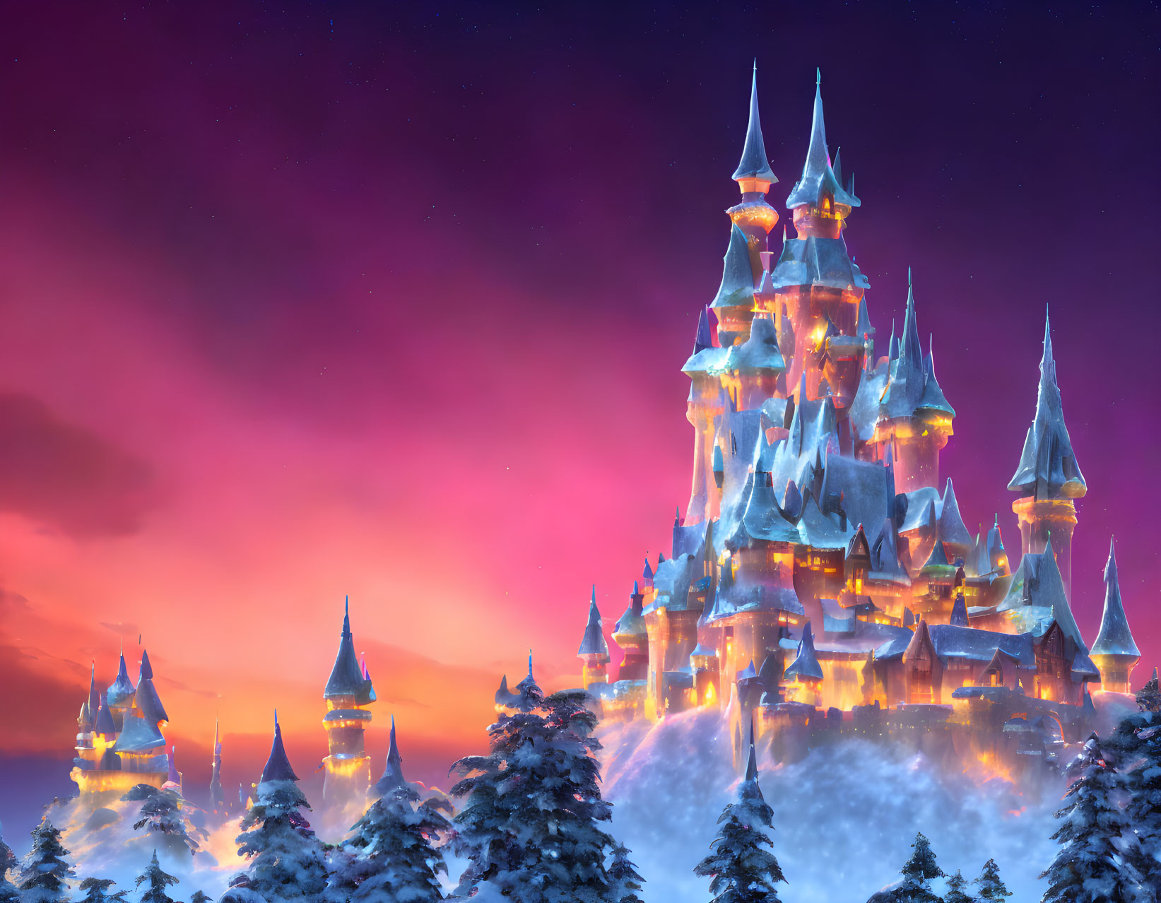 Fantastical Ice Castle in Snowy Twilight Forest