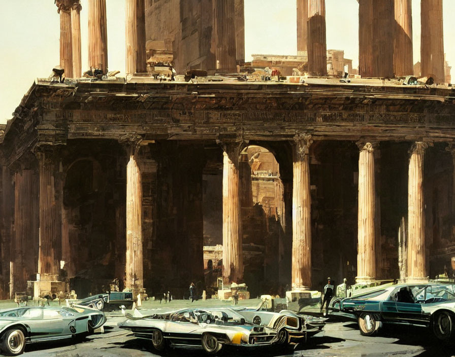 Vintage Cars Parked in Front of Ancient Roman Temple with Columns and Debris