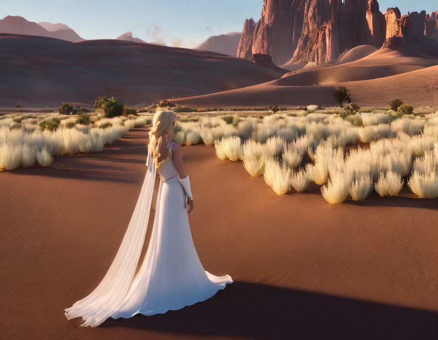 Woman in white dress strolling through desert landscape