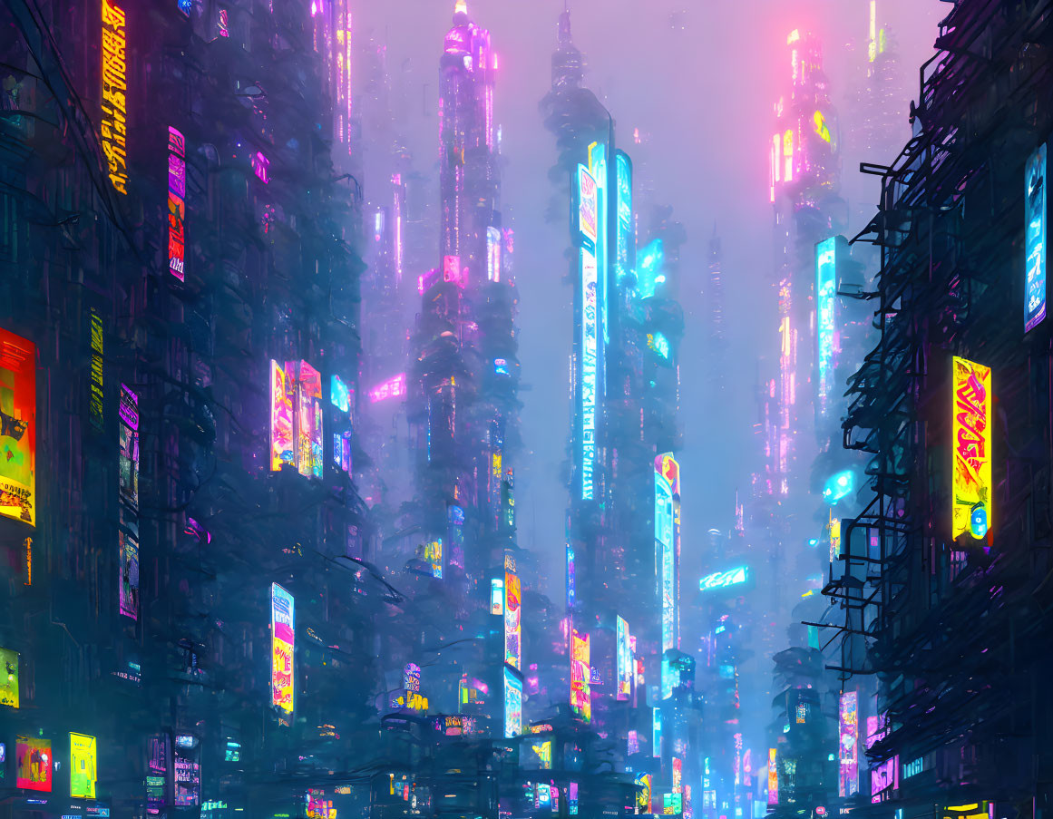 Vibrant Cyberpunk Cityscape with Neon Lights