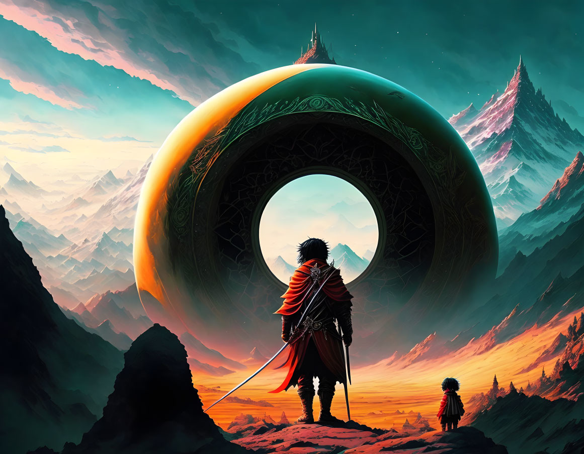 Cloaked figure with sword at massive ring structure in surreal landscape