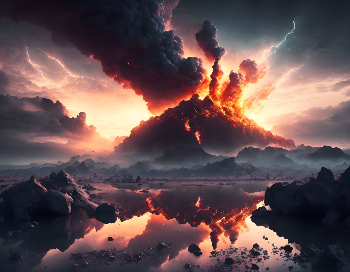 Volcanic eruption with fiery sky, lightning, and tranquil water reflection in rugged landscape