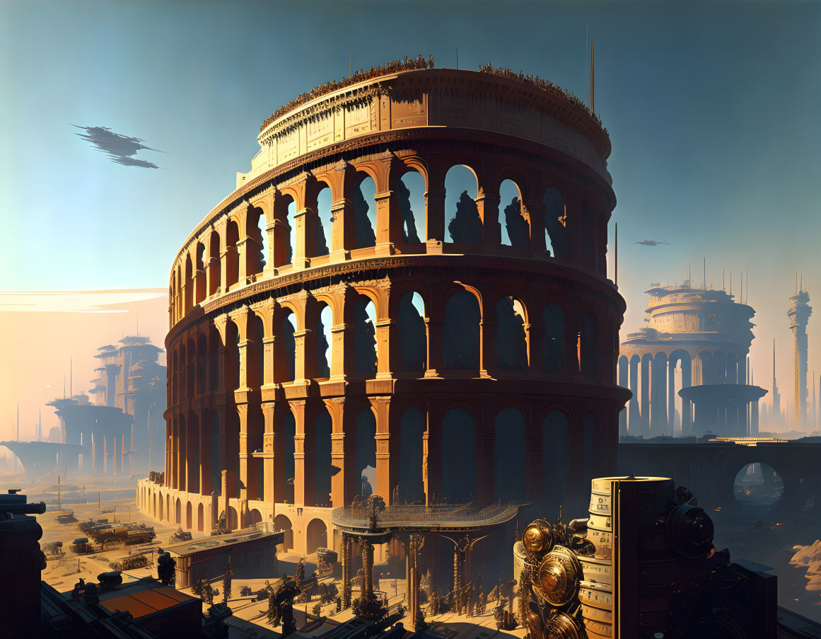 Modern Colosseum with Flying Vehicles and Sci-Fi Twist