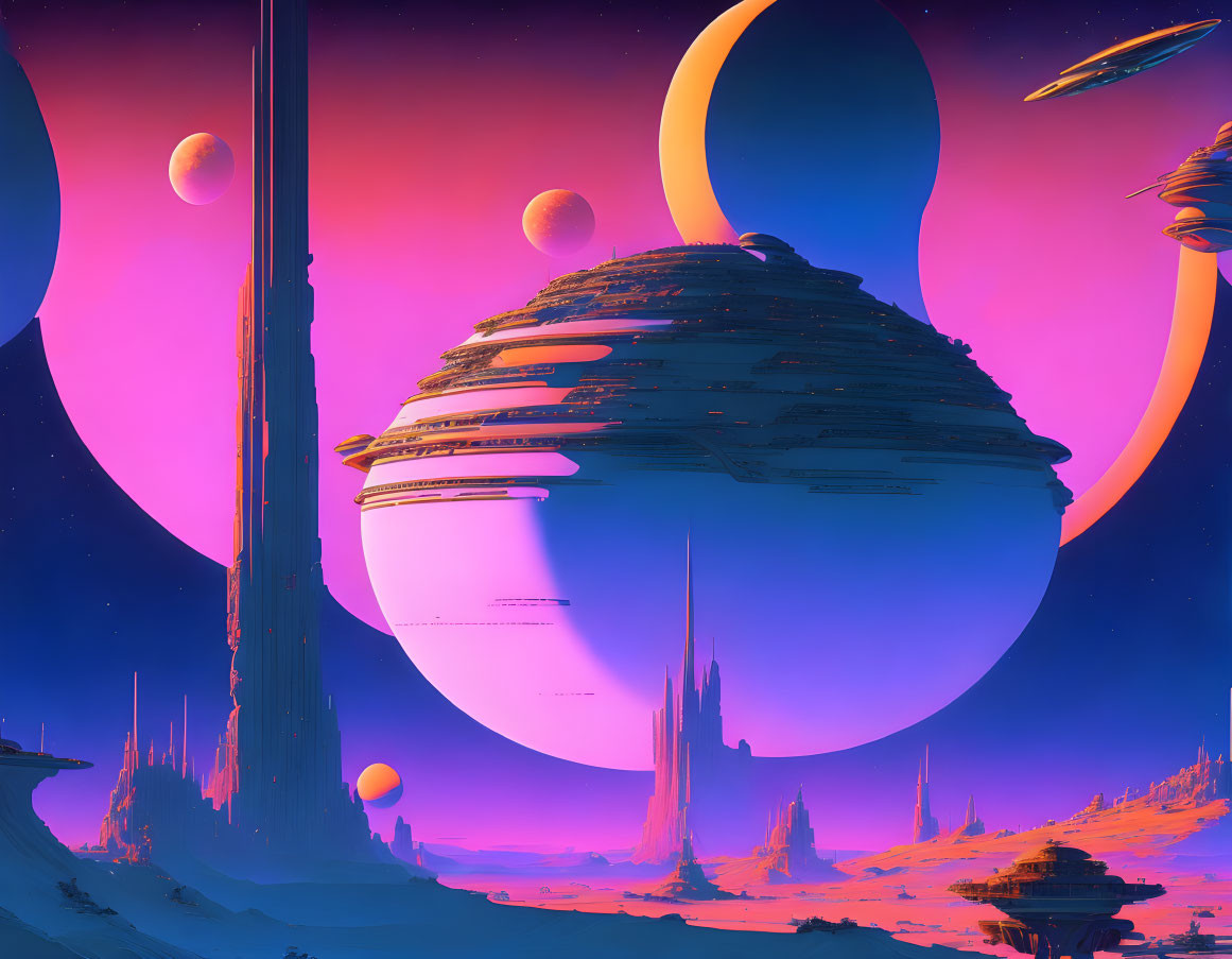 Futuristic sci-fi landscape with colossal structures and alien planets.