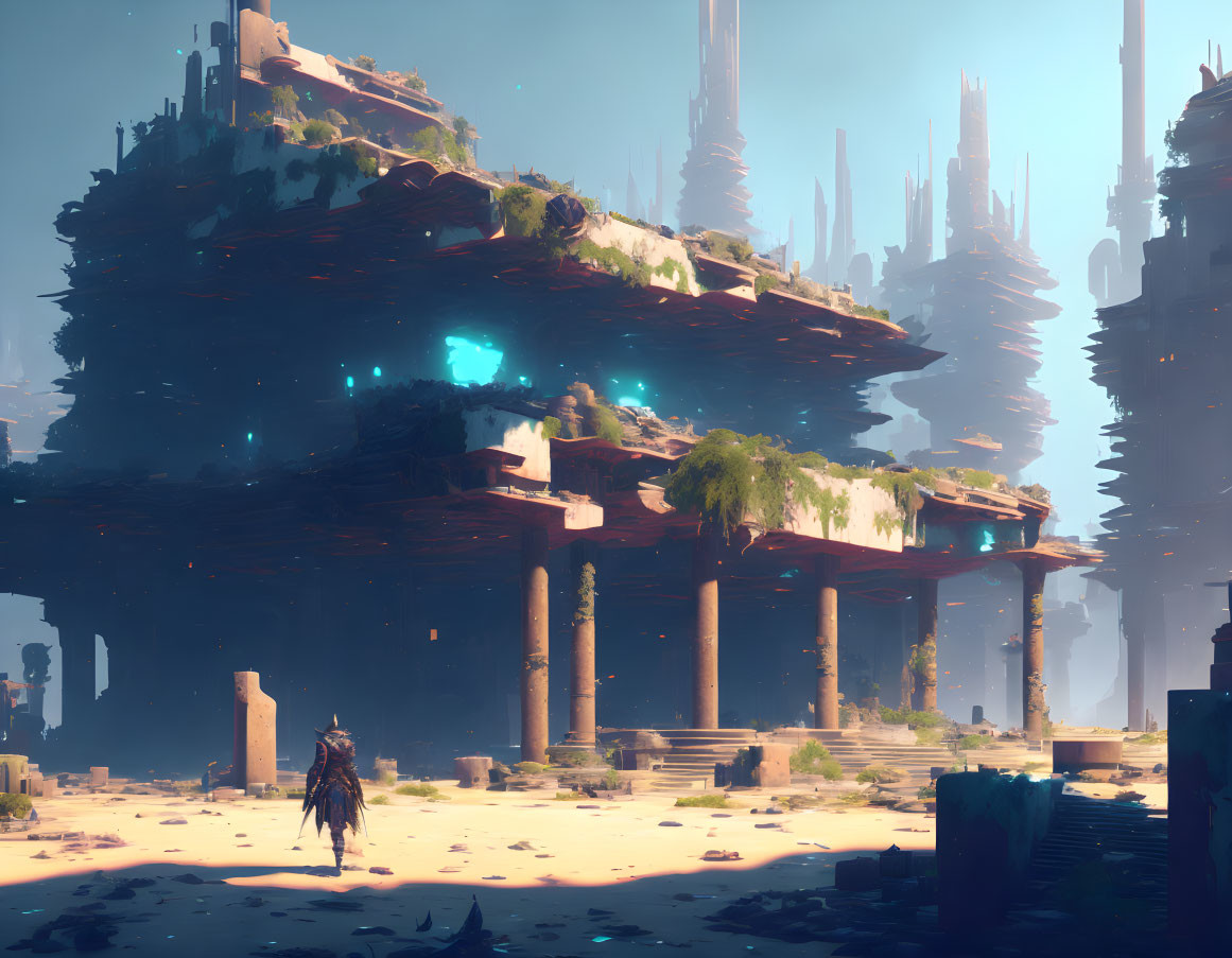 Figure in ancient ruins under floating islands with futuristic structures in blue glow