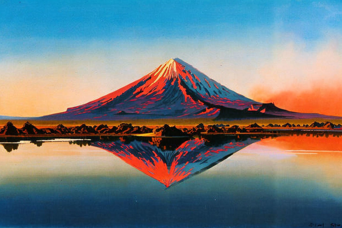 Mountain painting with red and orange peak reflected in water at sunset