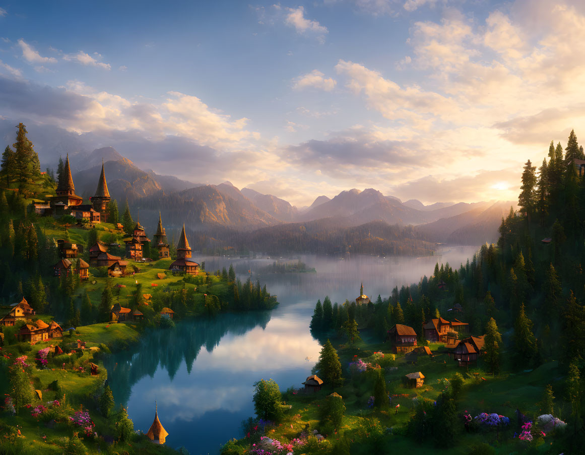 Tranquil mountain lake at sunset with cozy houses and lush greenery