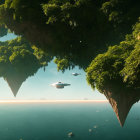 Lush greenery on floating islands with futuristic aircraft and towering rock formations