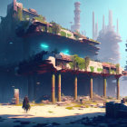Figure in ancient ruins under floating islands with futuristic structures in blue glow