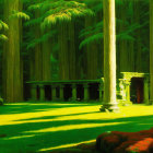 Ethereal green forest with ancient towering pillars and mystical light