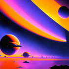 Colorful Striped Sky Sci-Fi Landscape with Planets and Silhouetted Ships