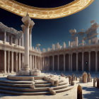 Majestic sci-fi palace with towering columns and golden ring under starry sky