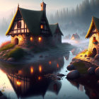 Tranquil village at twilight with cozy houses, flowing river, and mystical fog