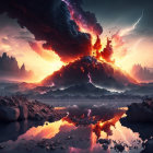 Volcanic eruption with fiery sky, lightning, and tranquil water reflection in rugged landscape