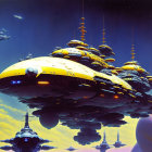 Yellow and Black Spaceships Among Amber Sky and Towers