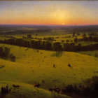 Rural sunset landscape with cattle grazing and figures on horseback