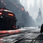 Futuristic cityscape with hovering spaceships and cloaked figure under neon-lit sky