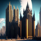 Gothic-style skyscrapers in futuristic cityscape with lone figure