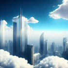 Futuristic skyline with tall skyscrapers under sunlit blue sky