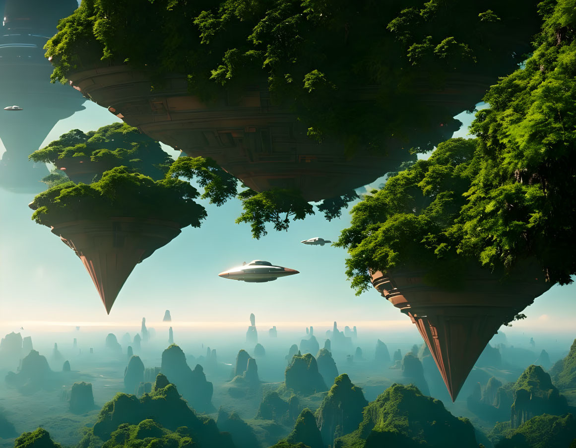 Lush greenery on floating islands with futuristic aircraft and towering rock formations