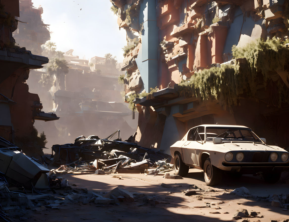 Derelict car in post-apocalyptic scene with ruins and overgrown buildings