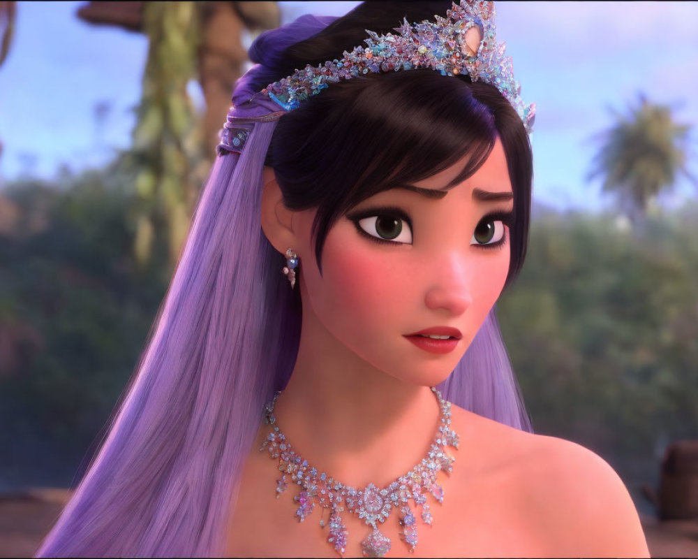 Purple-haired 3D animated female character with jeweled tiara, earrings, and necklace, featuring