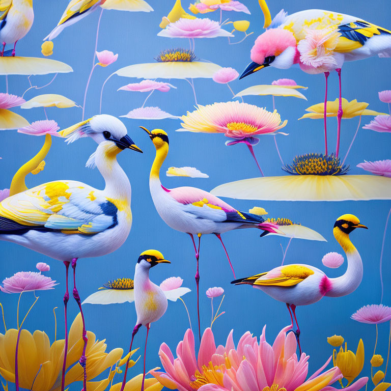 Vibrant bird and lotus flower illustration on blue background