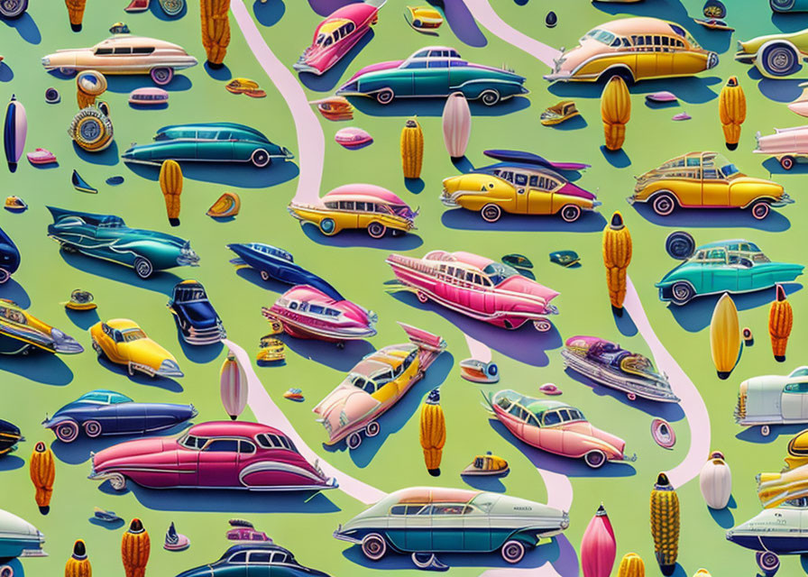 Colorful vintage cars, rockets, and wheels on patterned background.