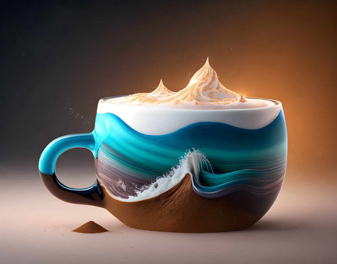 Surreal coffee cup with ocean wave top and sea foam whipped cream