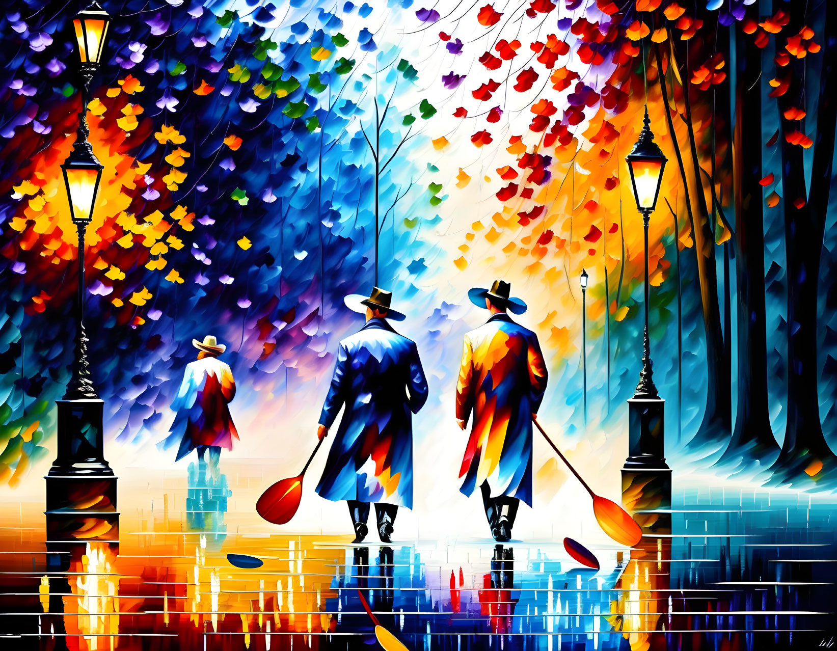 Colorful painting of two people with umbrellas walking under street lamps on a reflective path with autumn trees