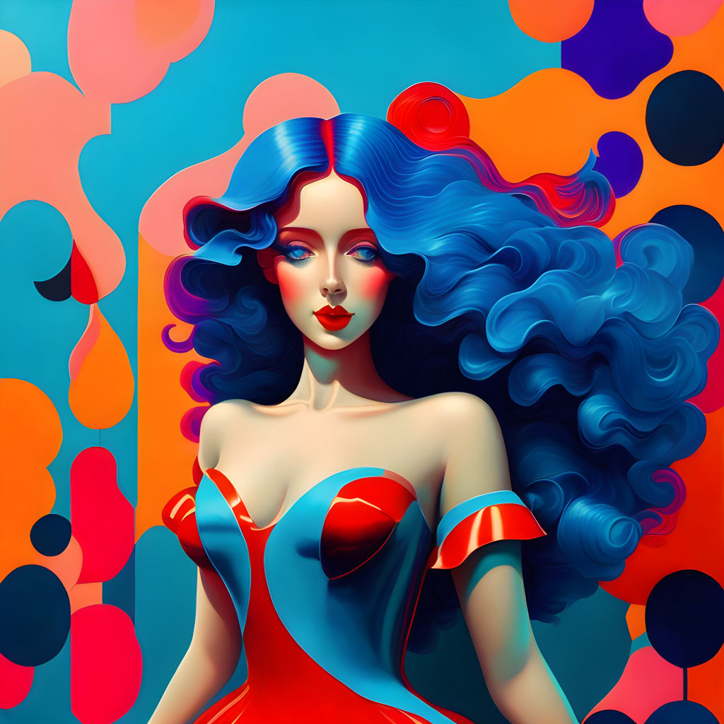 Vivid illustration of woman with blue hair and red outfit