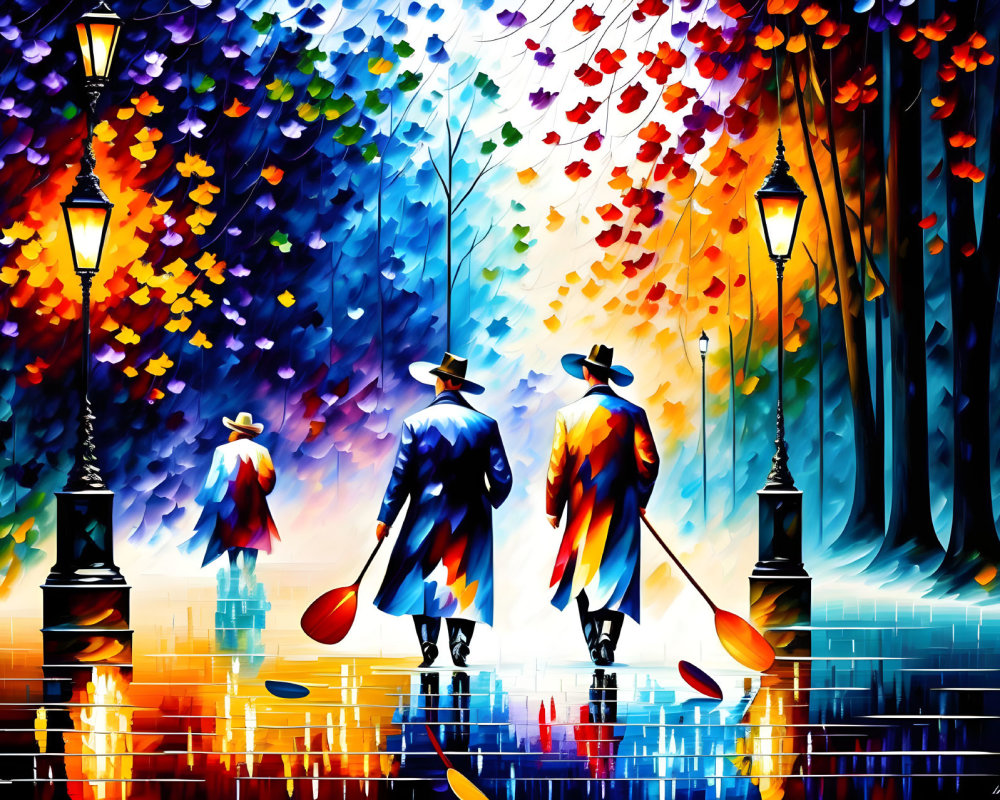 Colorful painting of two people with umbrellas walking under street lamps on a reflective path with autumn trees