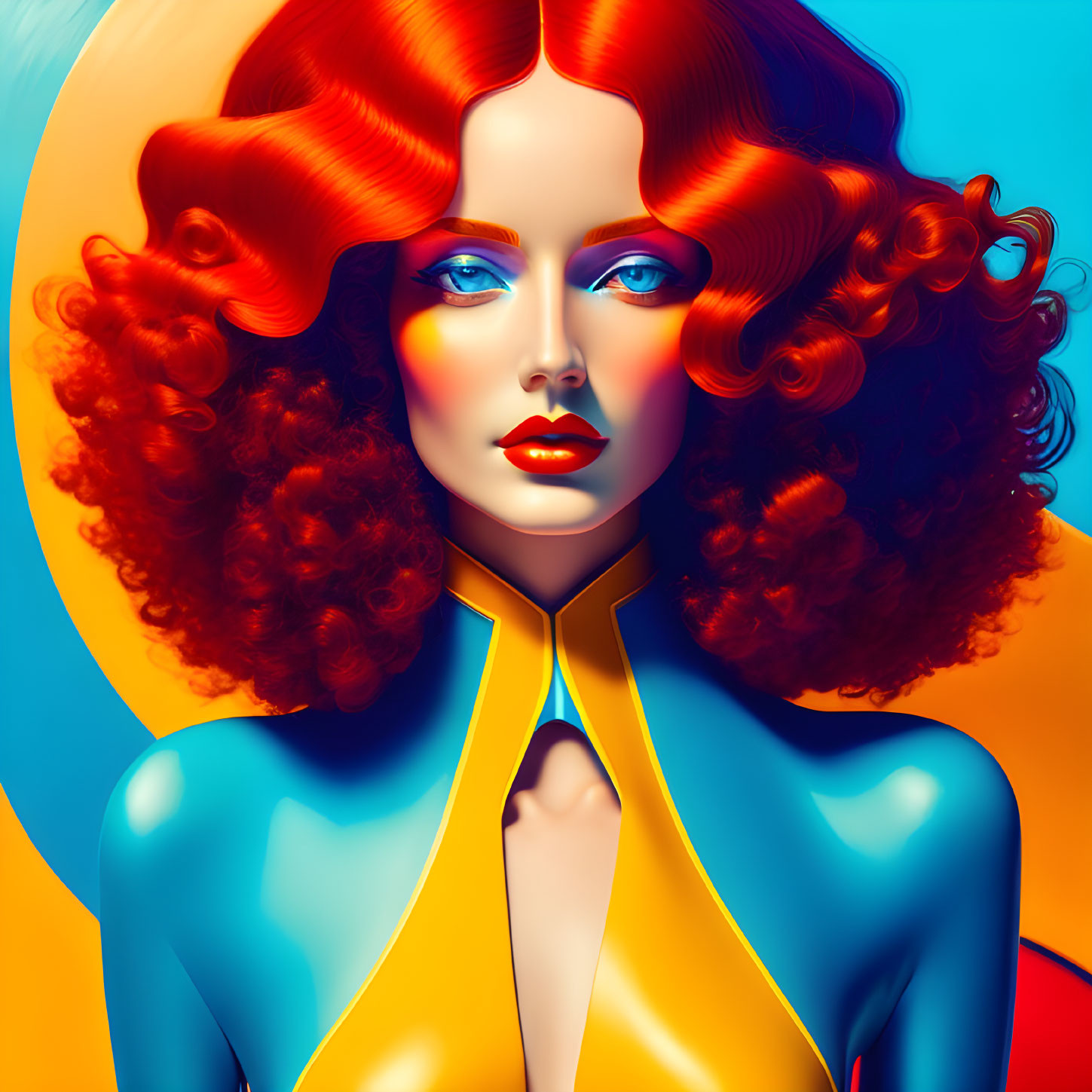 Colorful digital portrait of a woman with red hair and blue eyes on vibrant background.