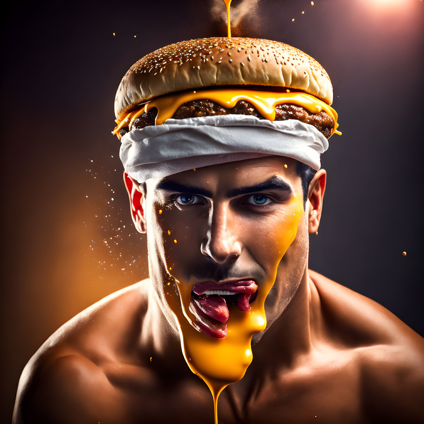 Man wearing burger hat with dripping cheese, sticking out tongue on dark background