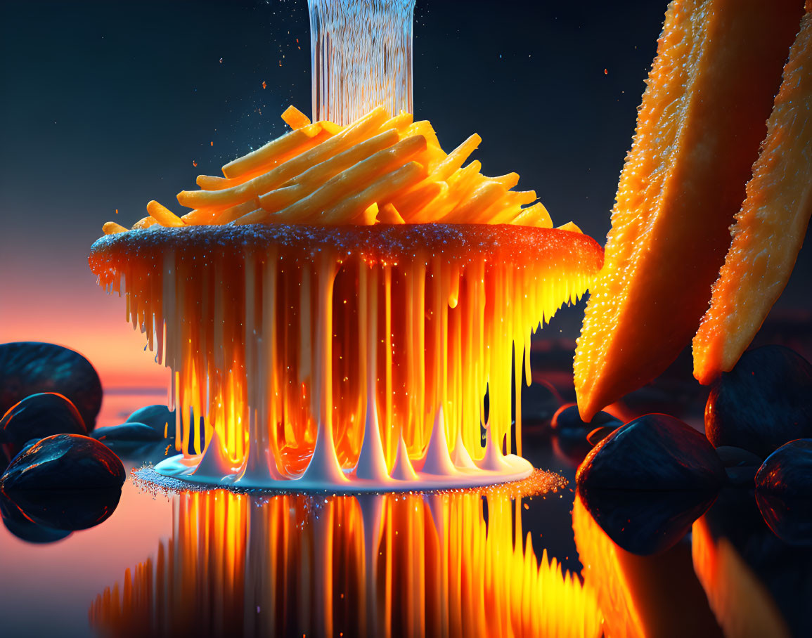 Surreal French Fry Explosion with Melting Cheese and Fiery Glow