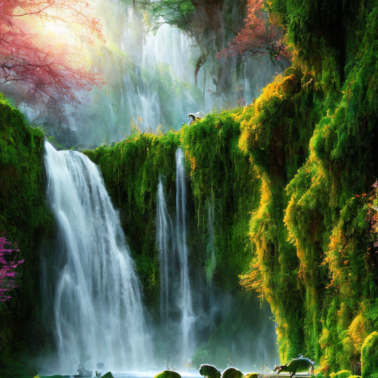 Vibrant waterfall in lush greenery with sunlight and pink blossoms