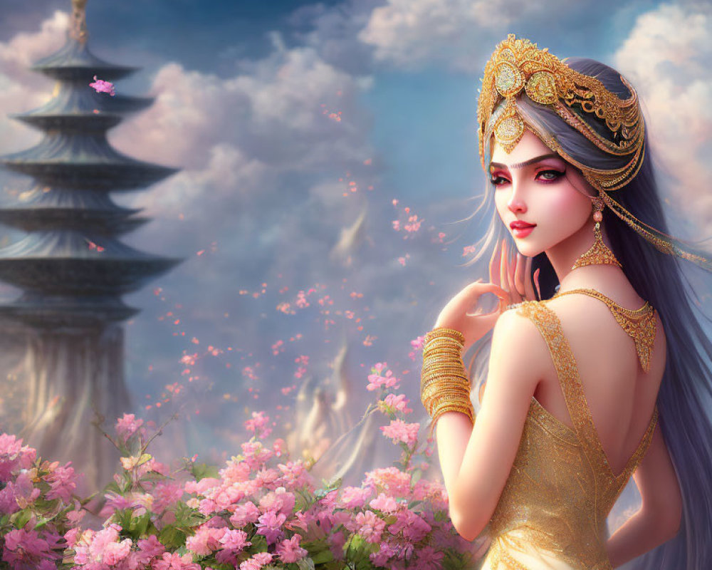 Illustration of woman in golden attire with pink flowers and pagoda.