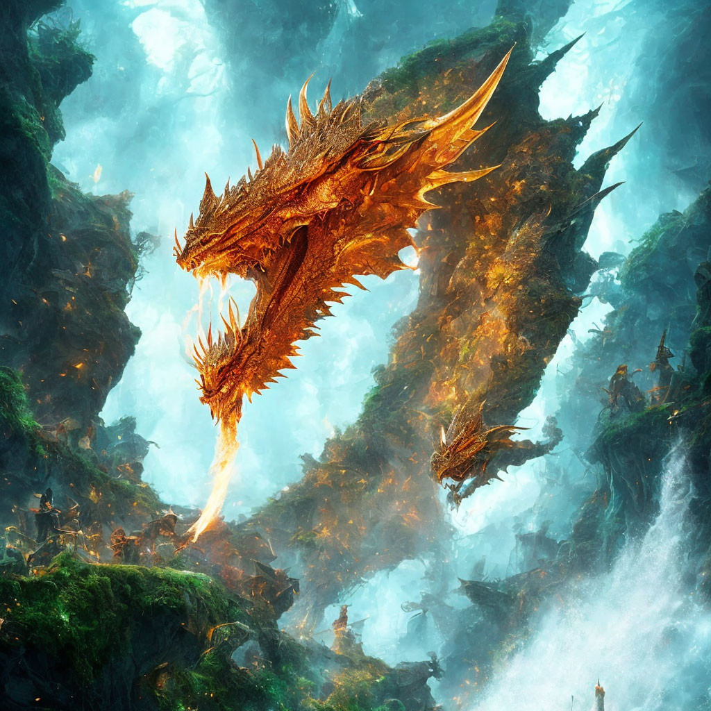 Majestic dragon breathing fire in misty cliffs landscape