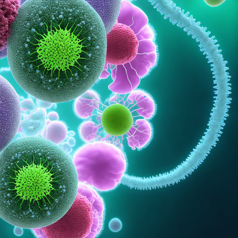 Vivid illustration of virus particles and bacteria with textures on green backdrop