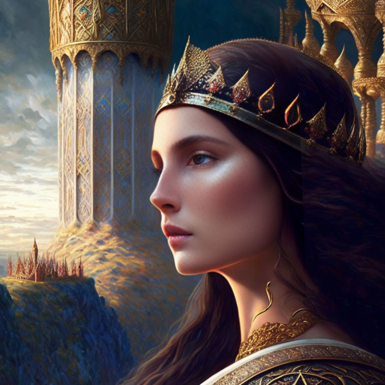 Regal woman with golden crown and fantasy castle in golden-lit background