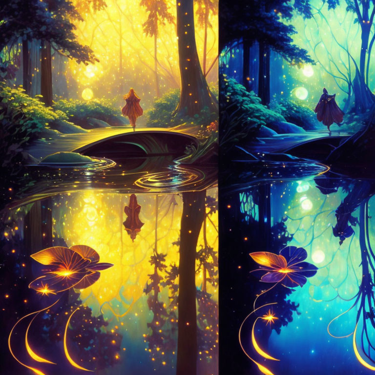 Vibrant surreal forest scene with cloaked figure, reflective pond, and luminous flowers.