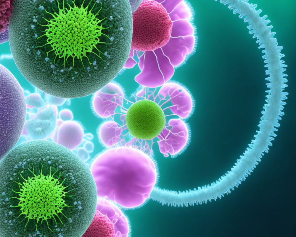 Vivid illustration of virus particles and bacteria with textures on green backdrop