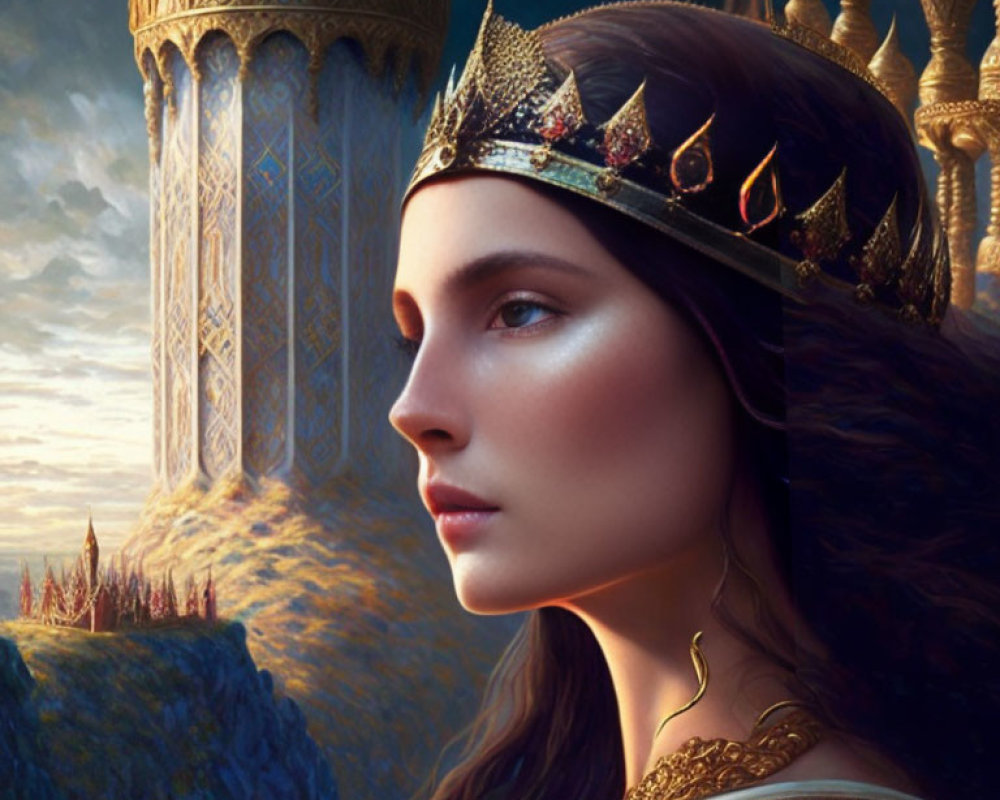 Regal woman with golden crown and fantasy castle in golden-lit background