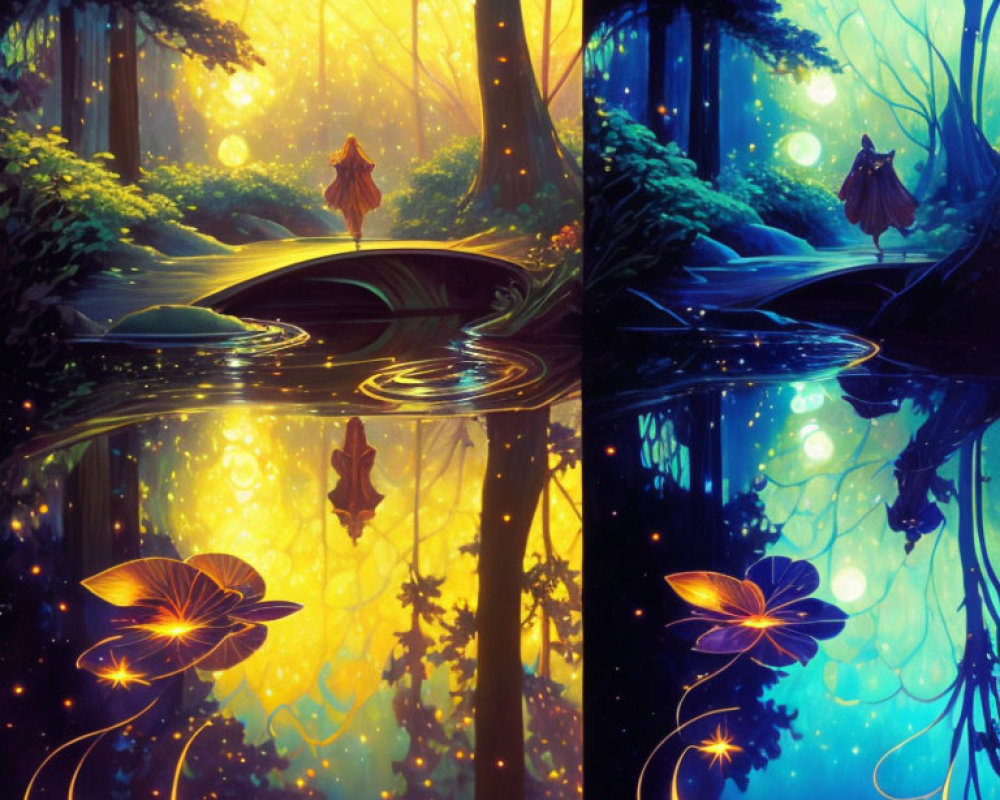 Vibrant surreal forest scene with cloaked figure, reflective pond, and luminous flowers.