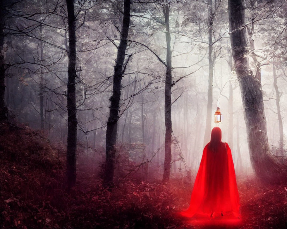 Mysterious figure in red cloak with lantern in foggy forest