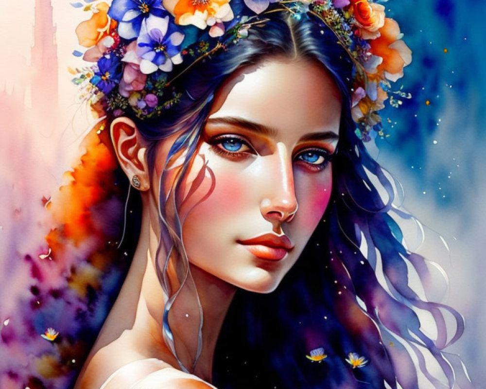 Woman with floral wreath and blue eyes in colorful, fantastical setting